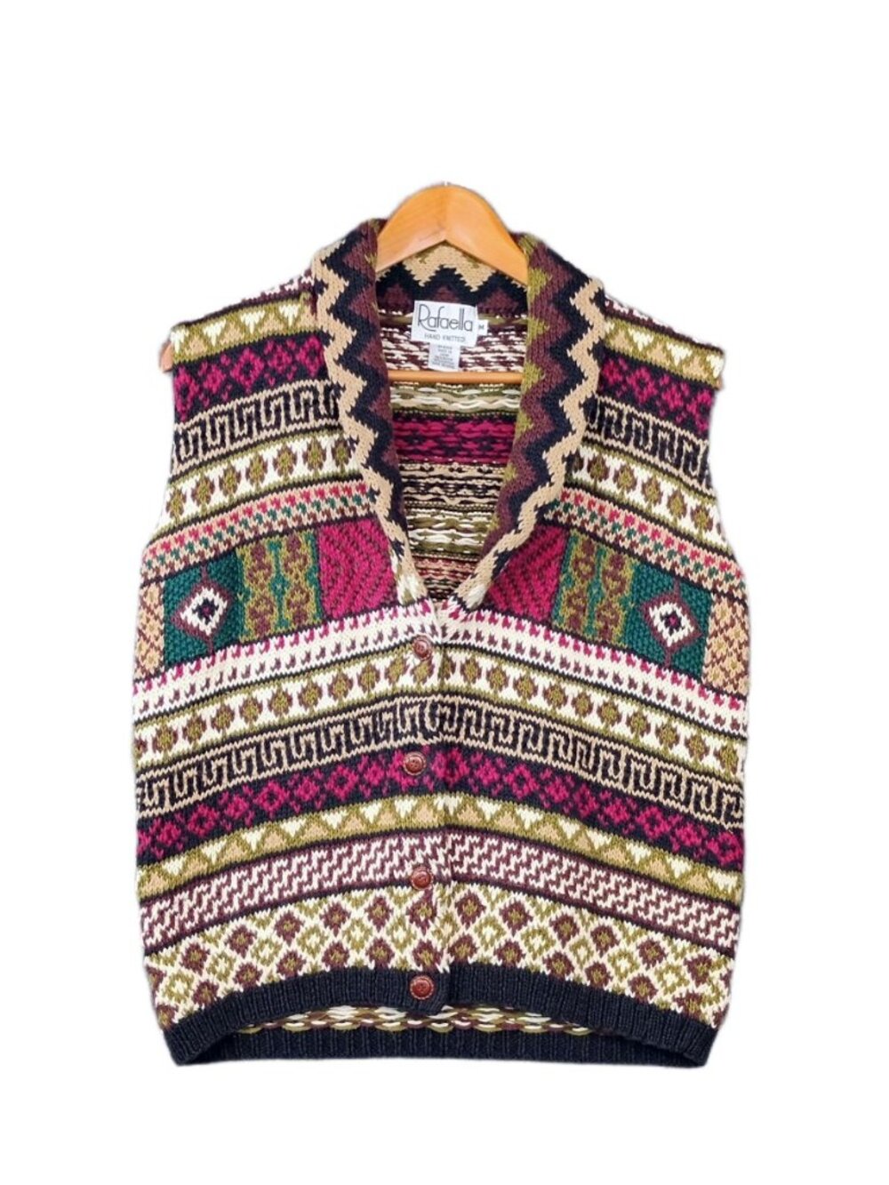 Vintage Raffaella Hand Knit Vest M Fair Isle Geometric Boho 90s Ramie Cotton